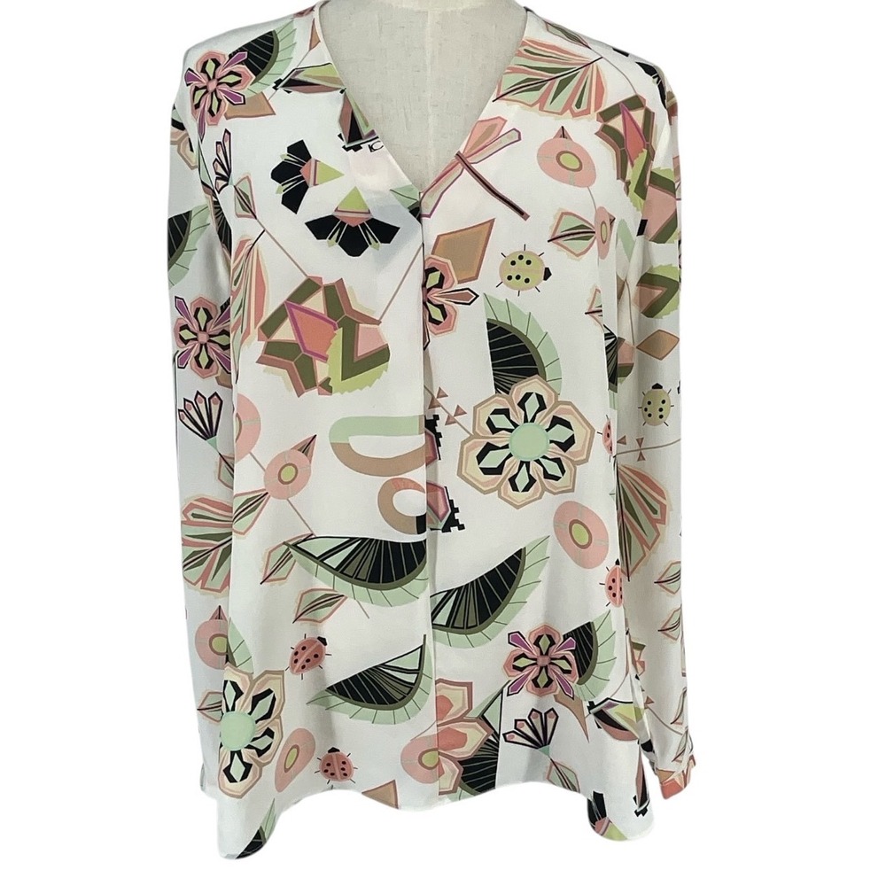 Luisa Cerano Silk Blouse Women 10 Ivory Green Pink Geometric Designer Butterfly
